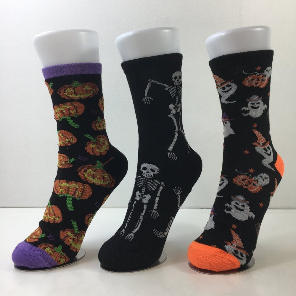 Womens Crew Socks Set 3 Halloween Jack-o-Lantern Skeletons Ghosts Black Orange